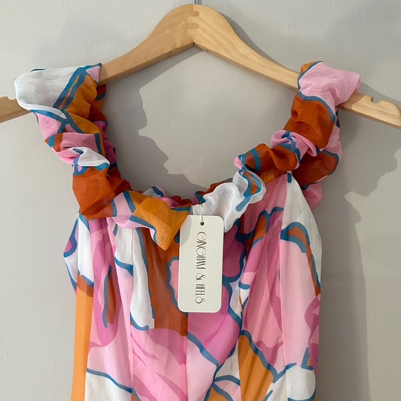 Vivva Off Shoulder Midi Dress, Candy Abstract, Gingham and Heels, Size 10, NWT - Picture 9 of 11